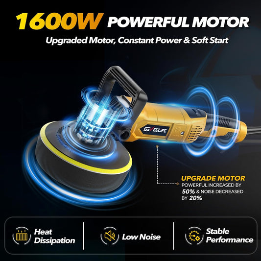 1600W Rotary Car Buffer Polisher 6" & 7" – 7 Variable Speeds 1000-3500 RPM + Detachable Handles