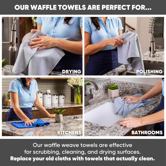 6-Pack Blue Microfiber Waffle Weave Kitchen Towels – Ultra Absorbent, Lint-Free, 16x24 Inch Commercial-Grade Dish & Glass Cloths