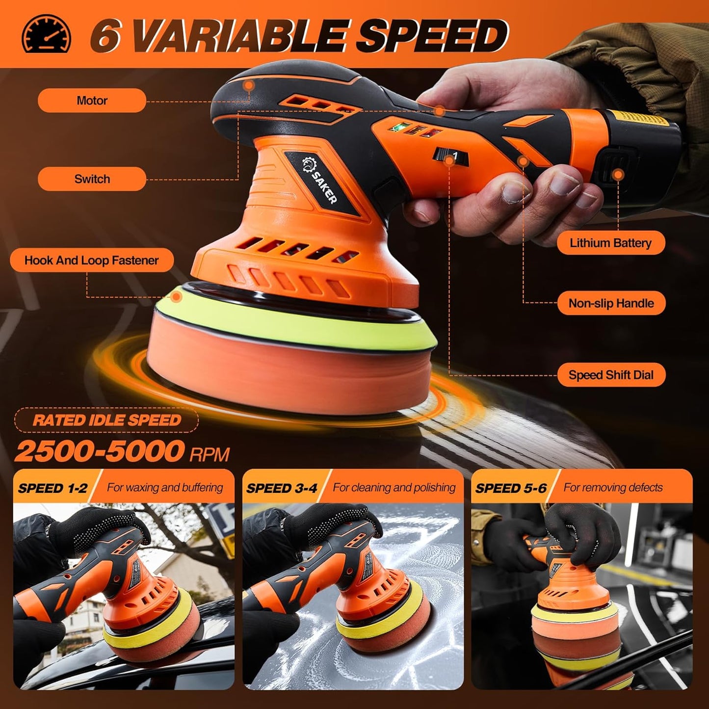 Cordless Buffer Polisher, 6 Inch Fast Charging Portable Car Polishing Kit with 2PCS 12V 2000Mah Batteries, Polisher for Car Detailing Polishing Waxing (Orange, Buffer Polisher+2 Batteries+1 Bag)