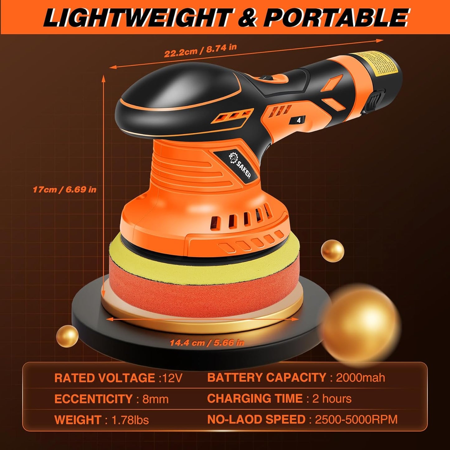 Cordless Buffer Polisher, 6 Inch Fast Charging Portable Car Polishing Kit with 2PCS 12V 2000Mah Batteries, Polisher for Car Detailing Polishing Waxing (Orange, Buffer Polisher+2 Batteries+1 Bag)