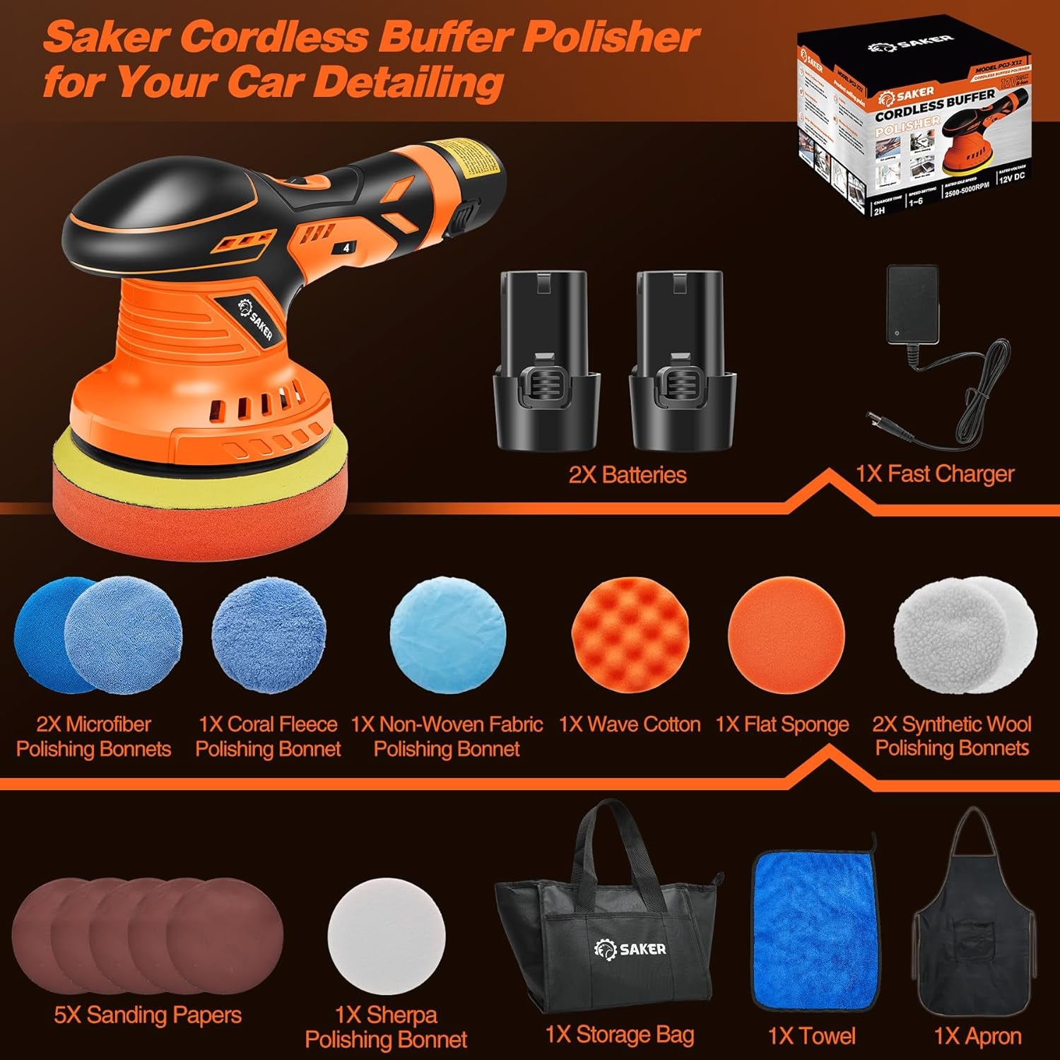 Cordless Buffer Polisher, 6 Inch Fast Charging Portable Car Polishing Kit with 2PCS 12V 2000Mah Batteries, Polisher for Car Detailing Polishing Waxing (Orange, Buffer Polisher+2 Batteries+1 Bag)