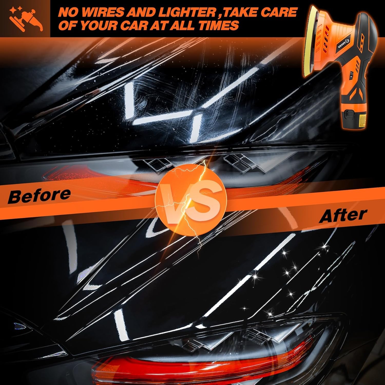 Cordless Buffer Polisher, 6 Inch Fast Charging Portable Car Polishing Kit with 2PCS 12V 2000Mah Batteries, Polisher for Car Detailing Polishing Waxing (Orange, Buffer Polisher+2 Batteries+1 Bag)