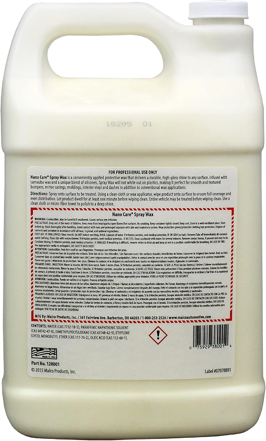 Nano Care Spray Wax - Interior and Exterior Car Wax/Provides Long-Lasting Shine and Protection Both inside and outside Vehicle / 1 Gallon (128001)