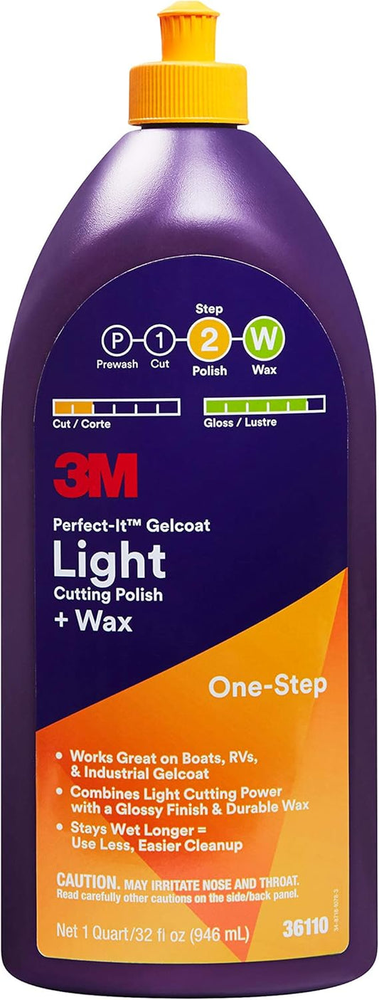 Gelcoat Light Cutting Polish + Wax, 36110, 1 Quart, One-Step Process, Removes Scratches and Swirls, Light Oxidation Remover for Boats and Rvs