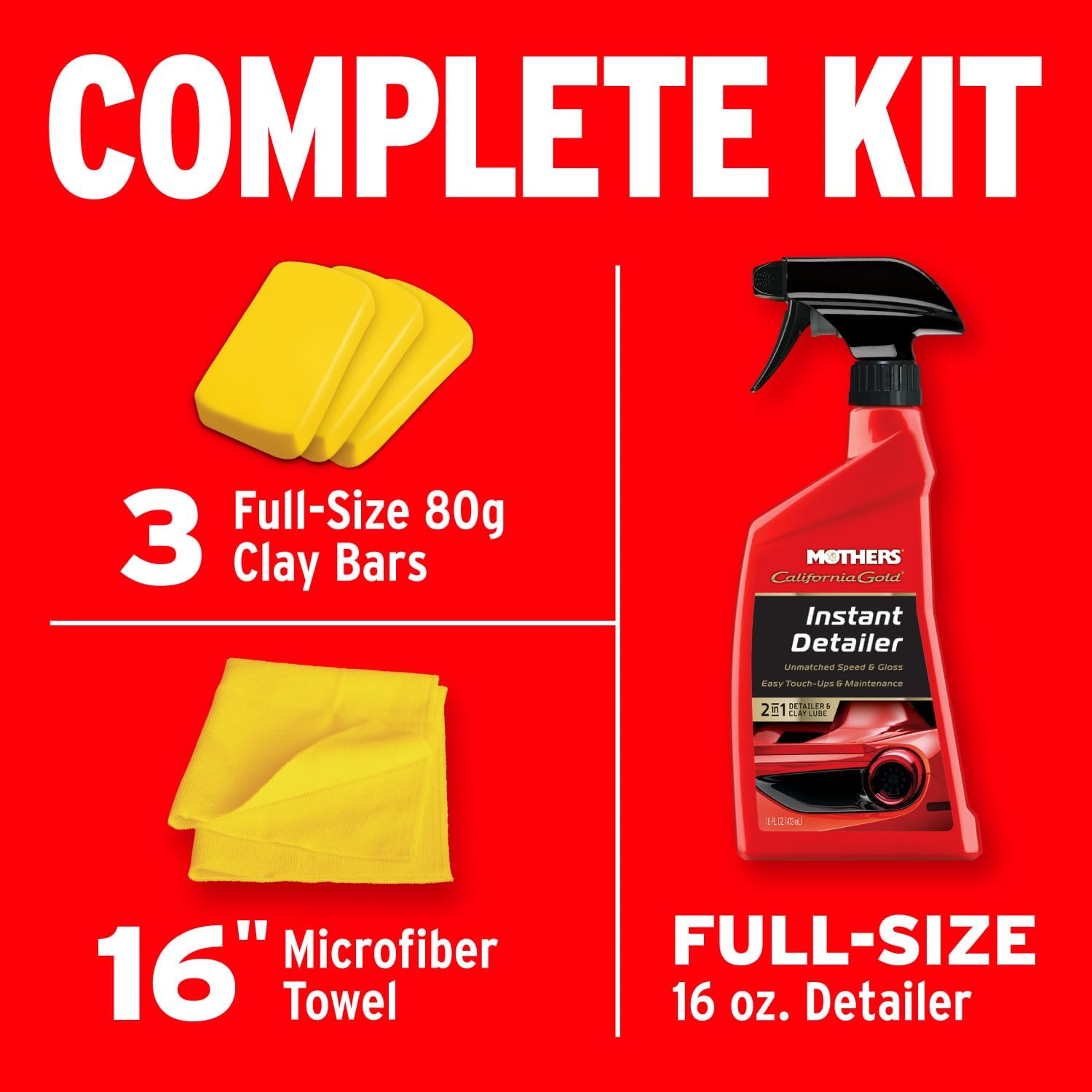 California Gold 3 Clay Bar Complete Kit (07240) – 3 × 80g Bars + 16oz Quick Detailer + Microfiber Towel – Removes Contaminants & Restores Glass-Smooth Paint