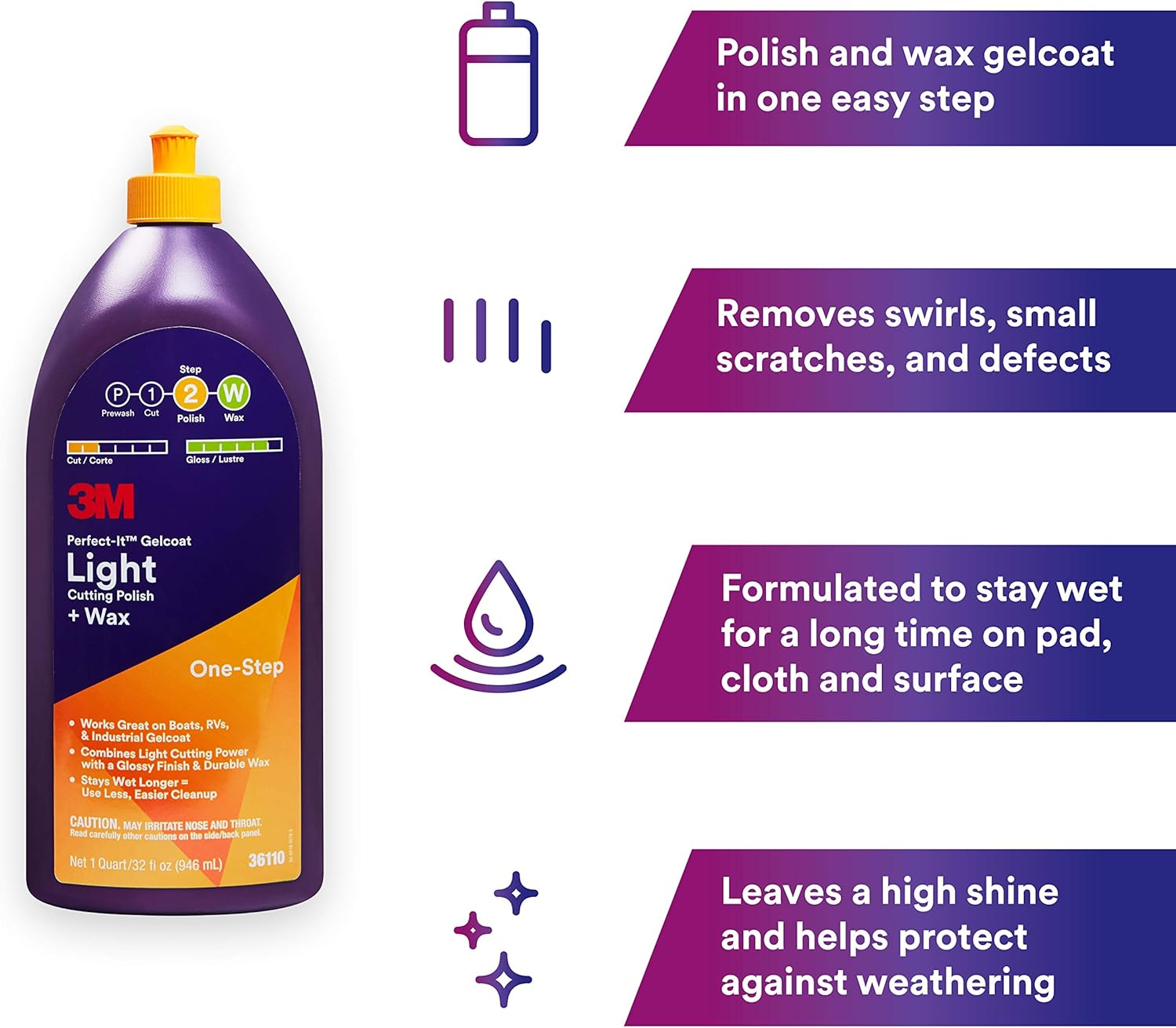 Gelcoat Light Cutting Polish + Wax, 36110, 1 Quart, One-Step Process, Removes Scratches and Swirls, Light Oxidation Remover for Boats and Rvs