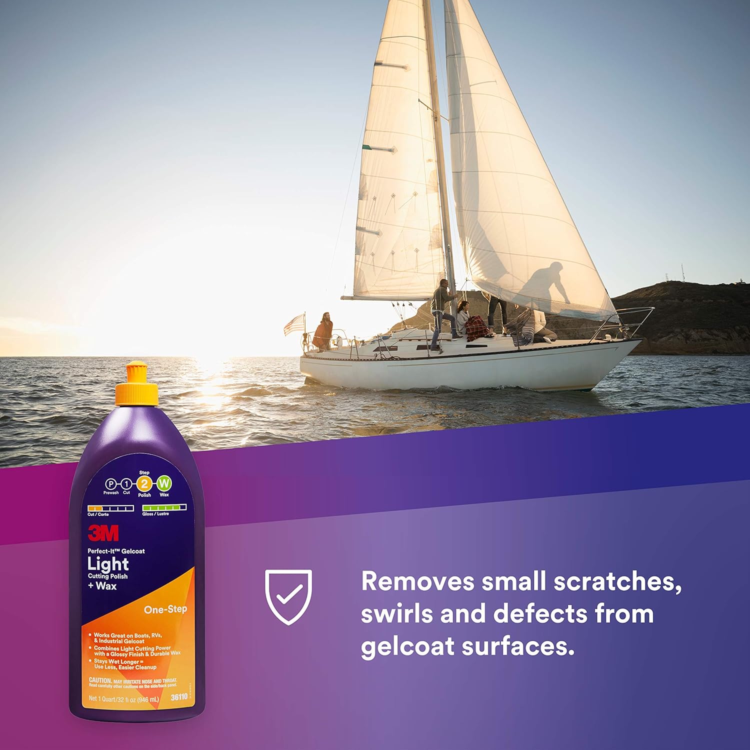 Gelcoat Light Cutting Polish + Wax, 36110, 1 Quart, One-Step Process, Removes Scratches and Swirls, Light Oxidation Remover for Boats and Rvs