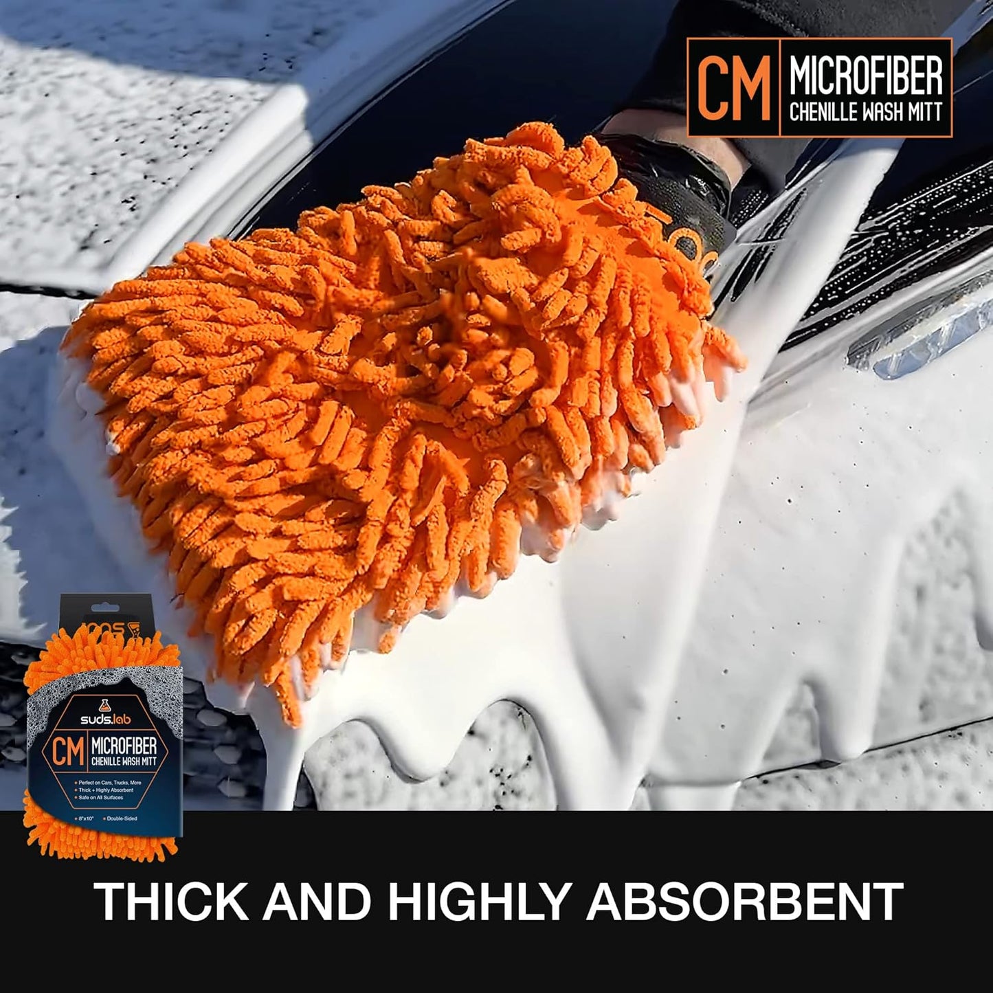 Suds Lab CM Chenille Microfiber Wash Mitt - Double Sided Car Wash Mitt - Scratch Free on All Vehicle Surfaces - 8" X 10"