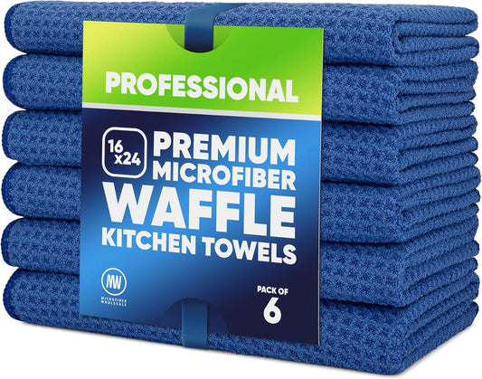 6-Pack Blue Microfiber Waffle Weave Kitchen Towels – Ultra Absorbent, Lint-Free, 16x24 Inch Commercial-Grade Dish & Glass Cloths