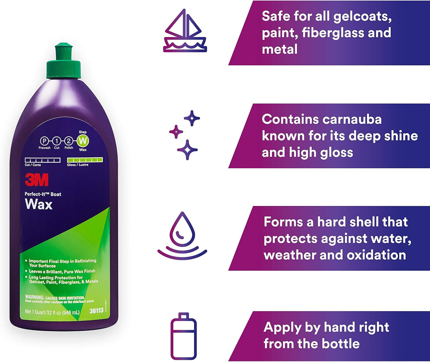 Boat Wax, 36113, 1 Quart, Contains Carnauba Wax, Protects against Weather and Oxidation, for Boats and Rvs