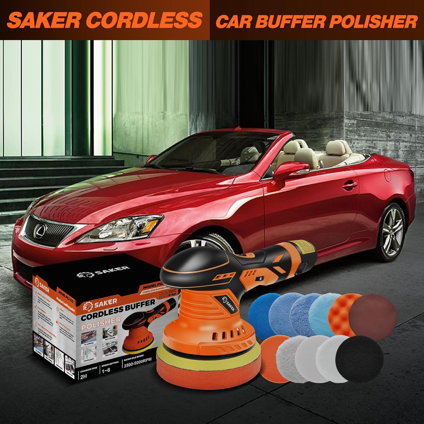 Cordless Buffer Polisher, 6 Inch Fast Charging Portable Car Polishing Kit with 2PCS 12V 2000Mah Batteries, Polisher for Car Detailing Polishing Waxing (Orange, Buffer Polisher+2 Batteries+1 Bag)