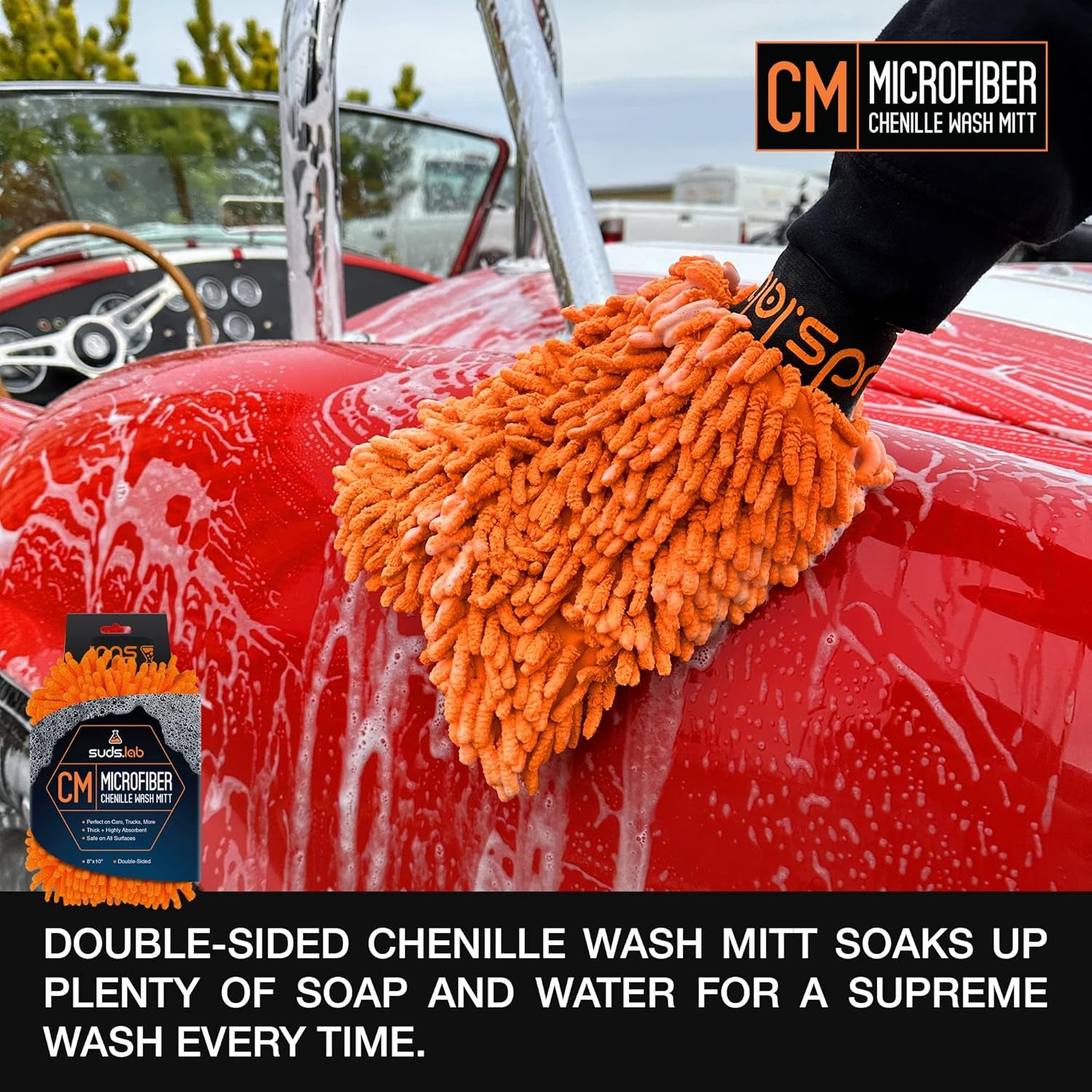Suds Lab CM Chenille Microfiber Wash Mitt - Double Sided Car Wash Mitt - Scratch Free on All Vehicle Surfaces - 8" X 10"