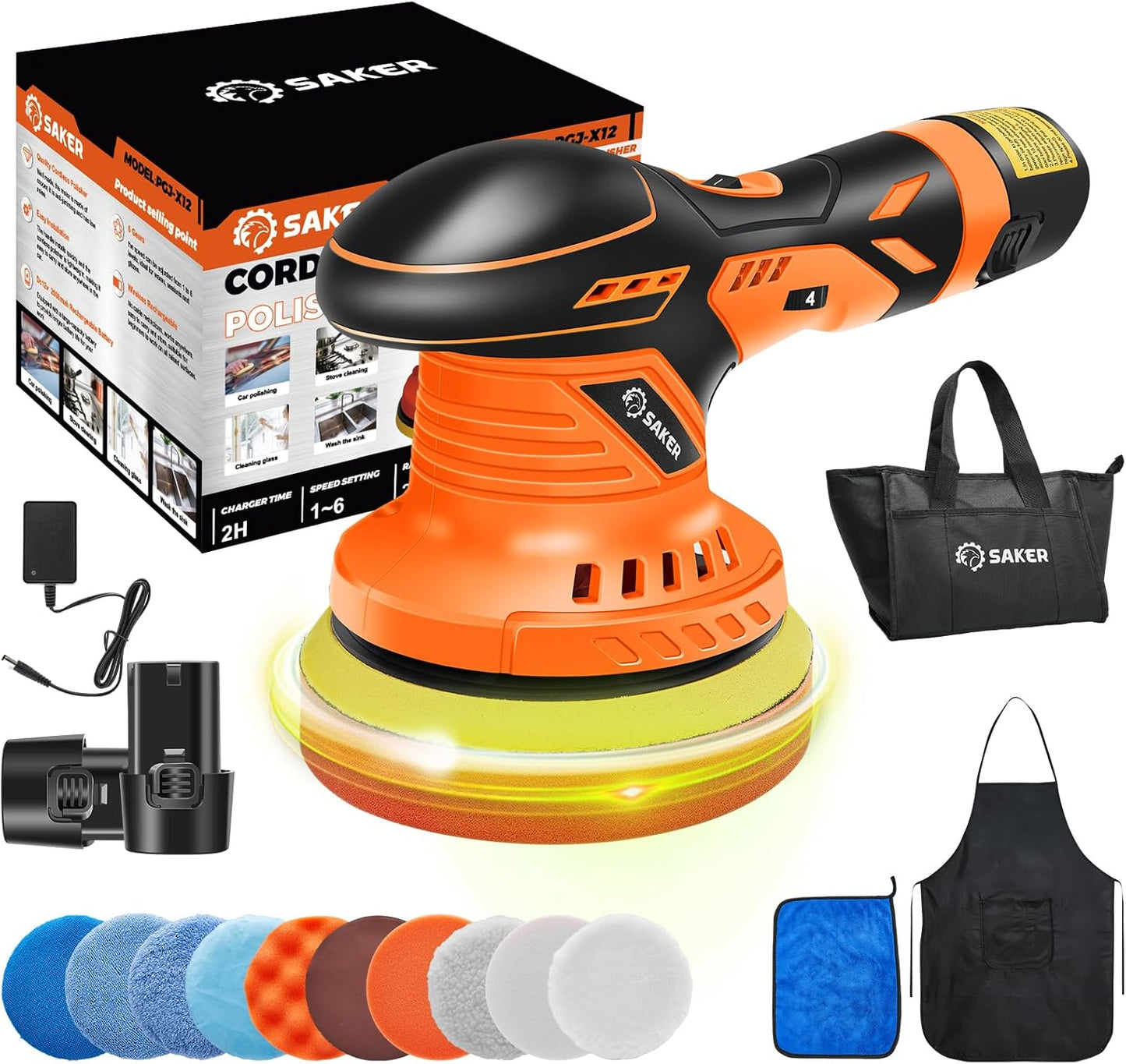 Cordless Buffer Polisher, 6 Inch Fast Charging Portable Car Polishing Kit with 2PCS 12V 2000Mah Batteries, Polisher for Car Detailing Polishing Waxing (Orange, Buffer Polisher+2 Batteries+1 Bag)