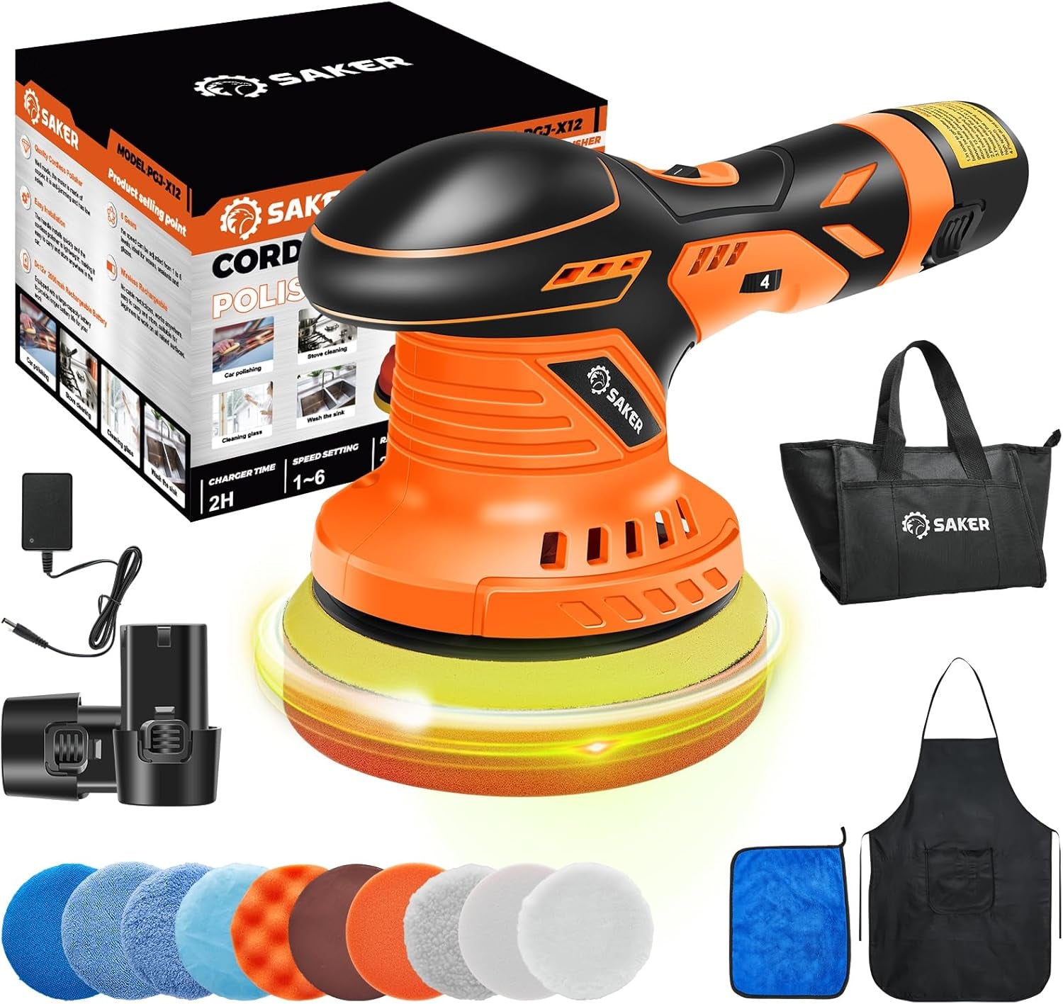 Cordless Buffer Polisher, 6 Inch Fast Charging Portable Car Polishing Kit with 2PCS 12V 2000Mah Batteries, Polisher for Car Detailing Polishing Waxing (Orange, Buffer Polisher+2 Batteries+1 Bag)