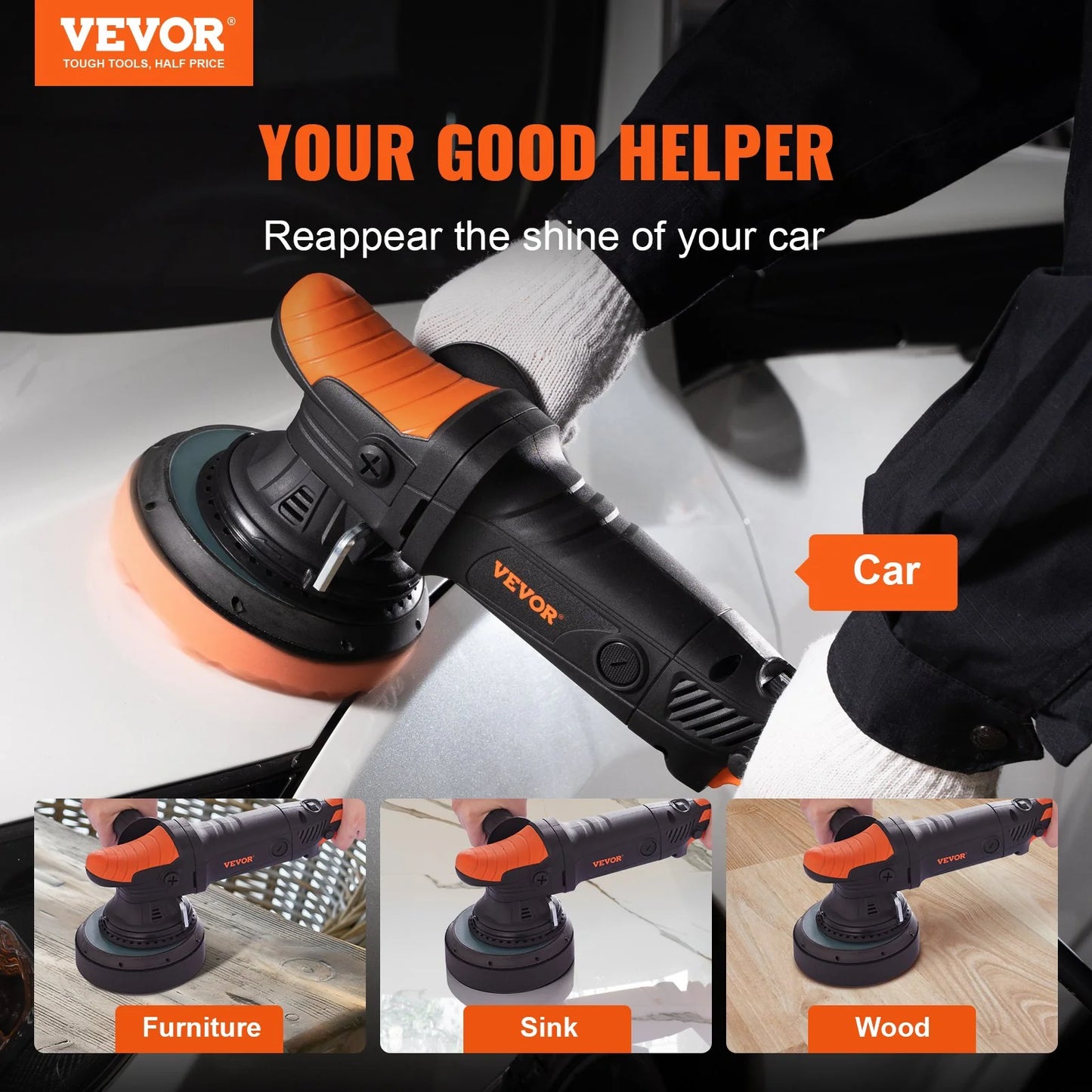 VEVOR 6-Inch Random Orbital Polisher | 1900-4600 RPM 6-Speed Dual Action Buffer Waxer Kit with Detachable Handle for Car & Boat Detailing